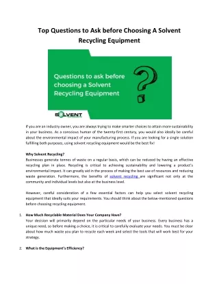 Top Questions to Ask before Choosing A Solvent Recycling Equipment