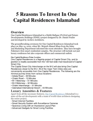 5 Reasons To Invest In One Capital Residences Islamabad