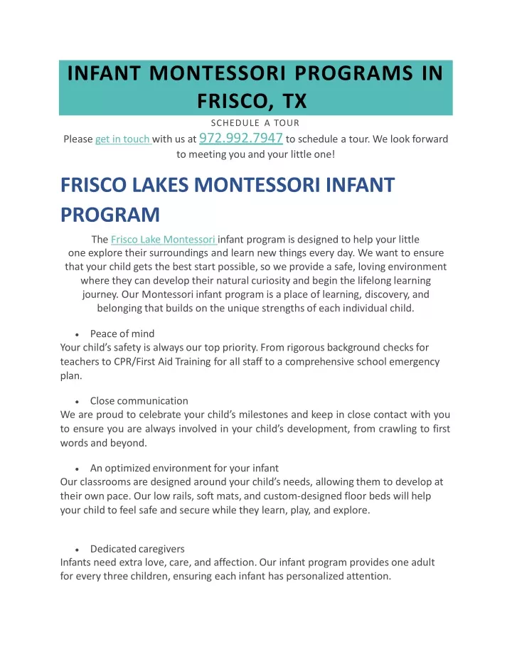 infant montessori programs in frisco tx