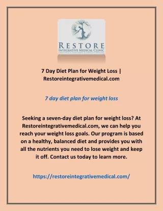 7 Day Diet Plan for Weight Loss | Restoreintegrativemedical.com