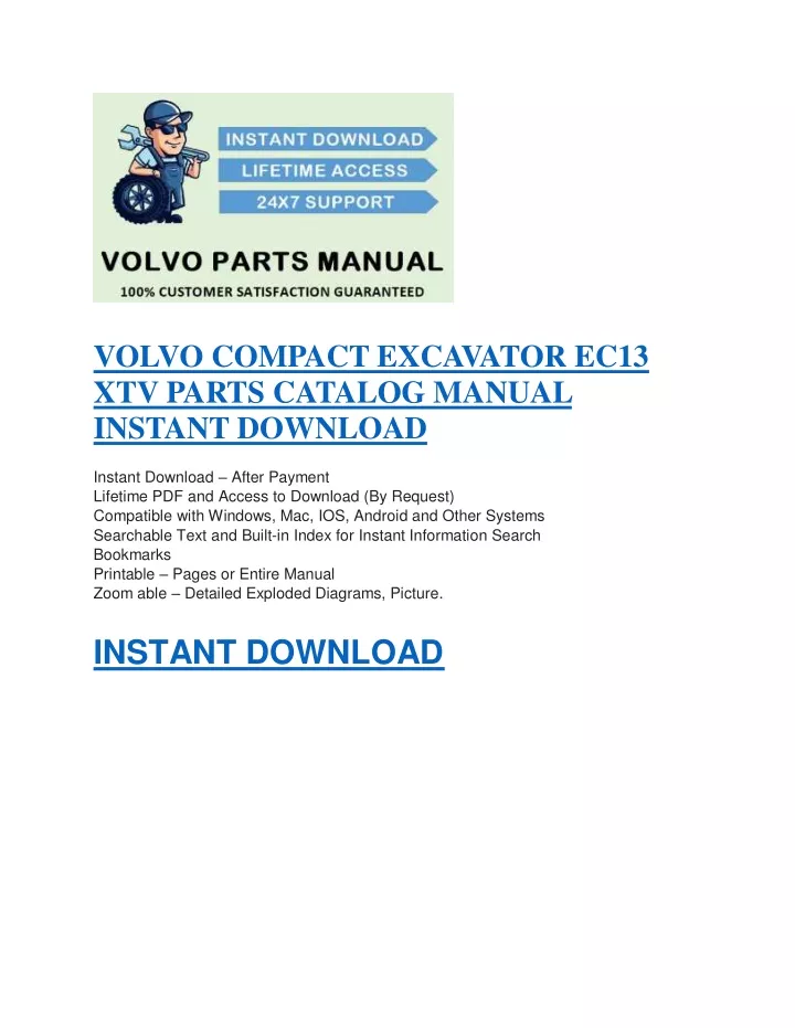 volvo compact excavator ec13 xtv parts catalog