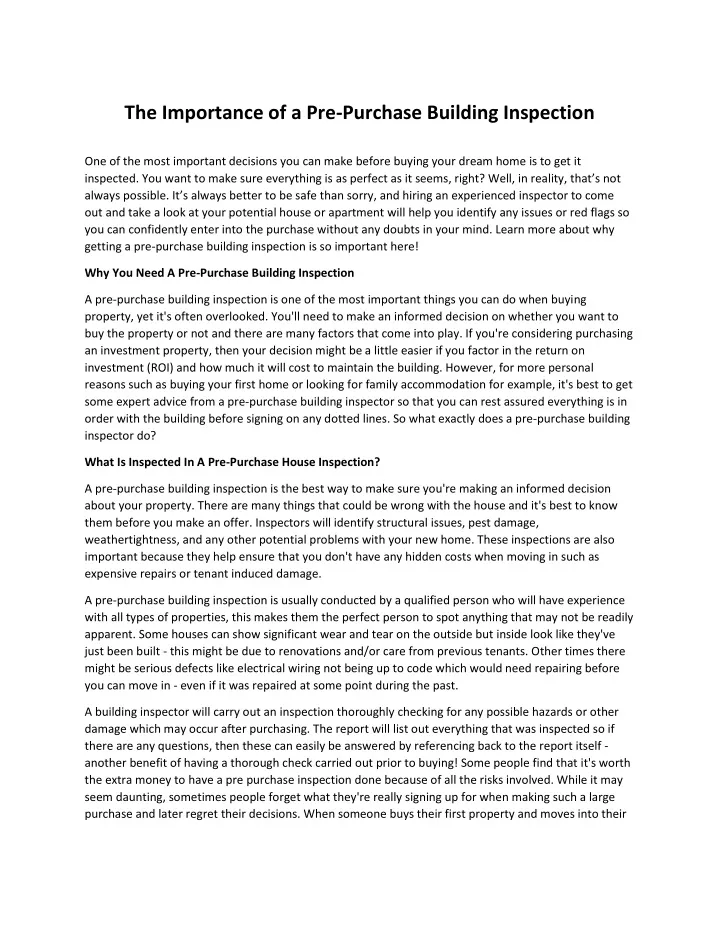 the importance of a pre purchase building