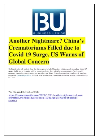 Another Nightmare  China s Crematoriums Filled due to Covid 19 Surge. US Warns of Global Concern. US Warns of Global Con