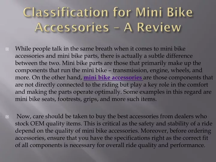 classification for mini bike accessories a review