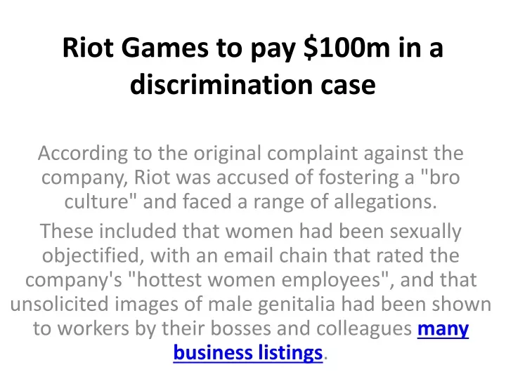 Ppt Riot Games To Pay 100m In A Discrimination Case Powerpoint Presentation Id 11838890