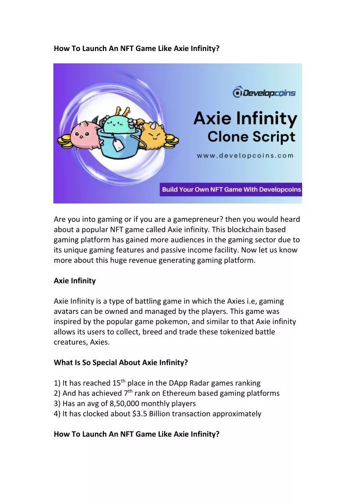 how to launch an nft game like axie infinity