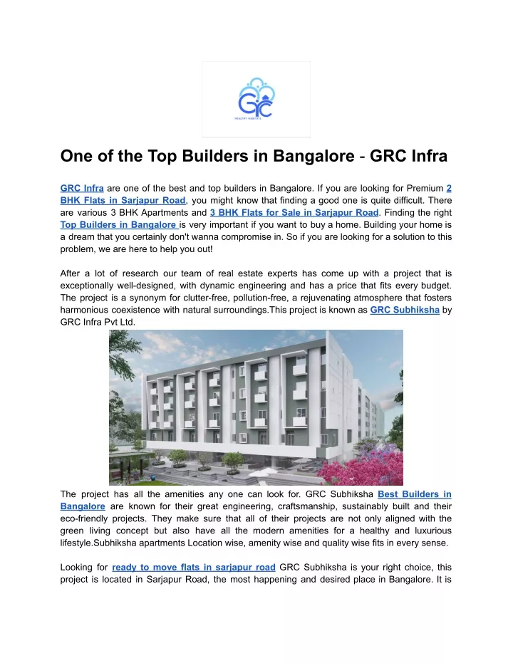 one of the top builders in bangalore grc infra