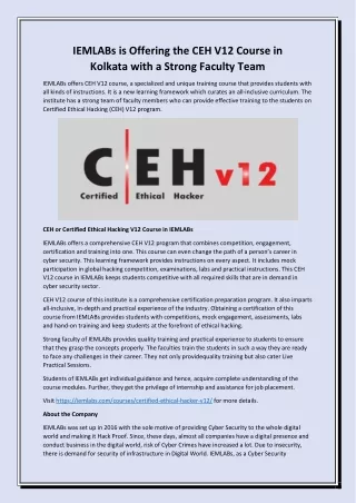 IEMLABs is Offering the CEH V12 Course in Kolkata with a Strong Faculty Team