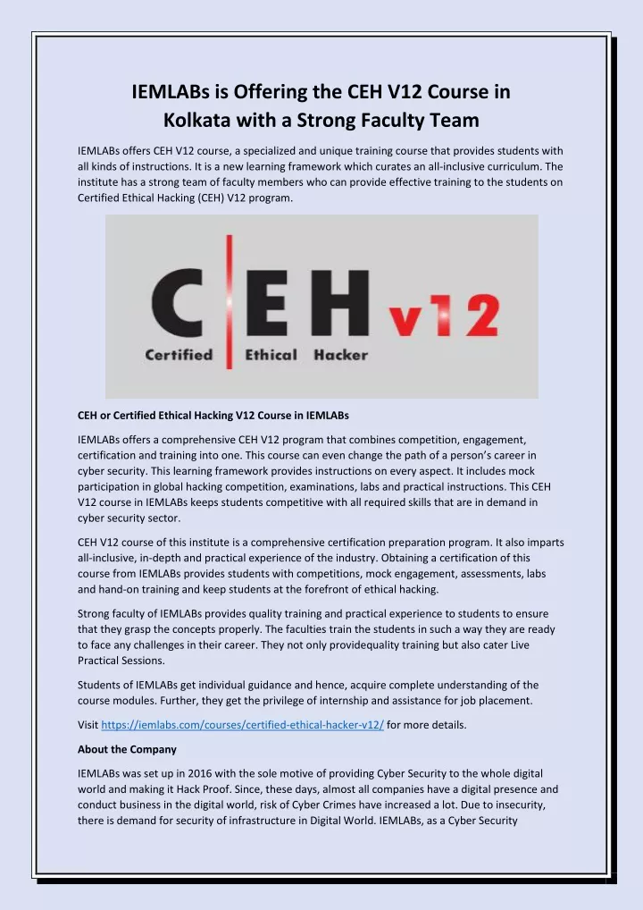 iemlabs is offering the ceh v12 course in kolkata