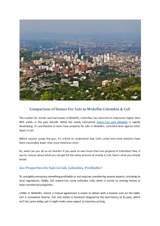 Comparison of Homes For Sale in Medellin Colombia & Cali