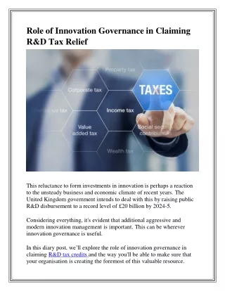 Role of Innovation Governance in Claiming  R&D Tax Relief