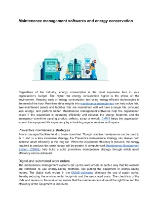 Maintenance management softwares and energy conservation