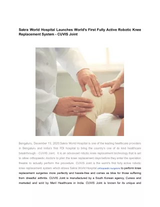 Sakra World Hospital Launches World's First Fully Active Robotic Knee Replacement System - CUVIS Joint
