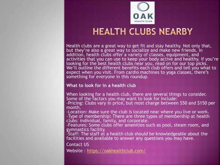 health clubs nearby