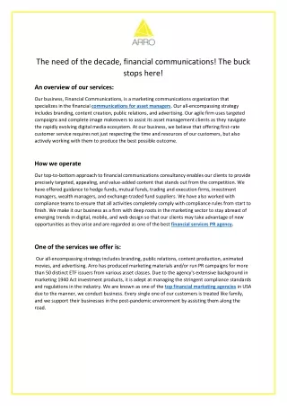 The need of the decade, financial communications! The buck stops here!