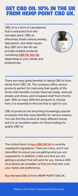 Get CBD Oil 10% in the UK from HEMP POINT CBD UK