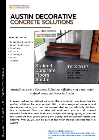 Austin Decorative Concrete Solutions will give you a top-notch stained concrete