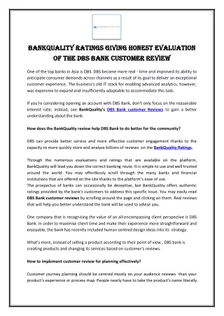 BankQuality Ratings giving honest evaluation of the DBS Bank Customer Review