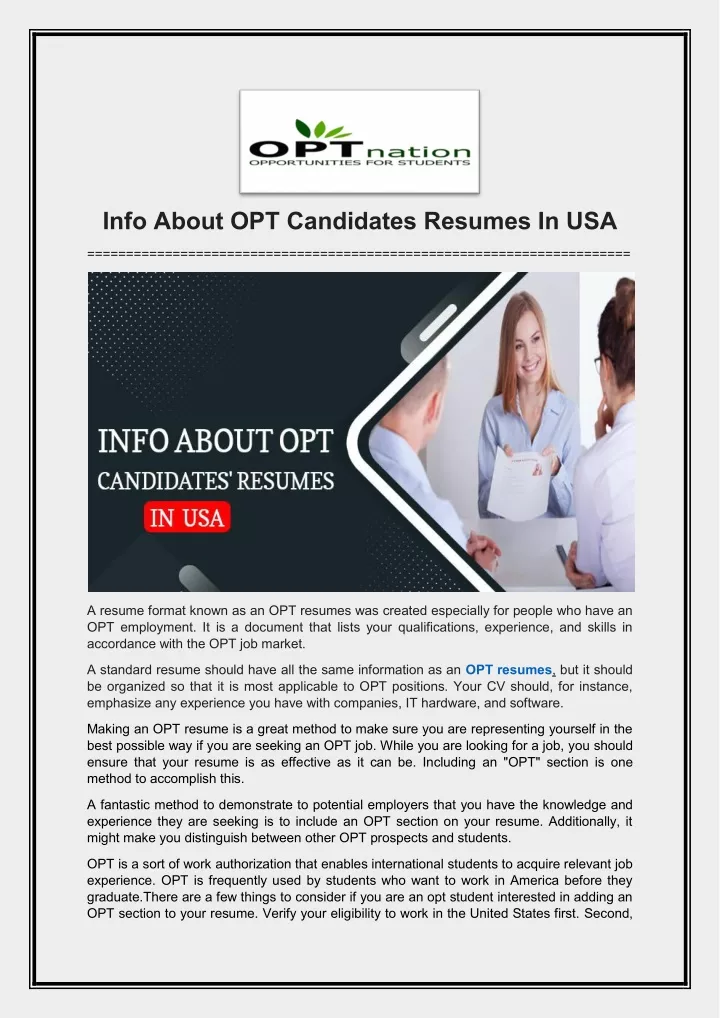 info about opt candidates resumes in usa