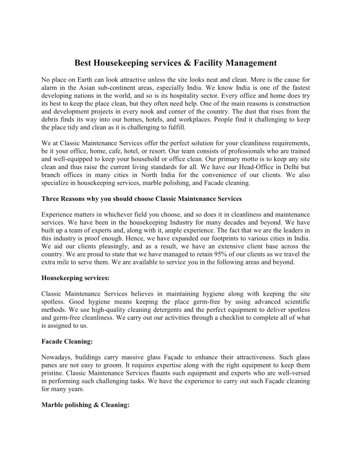 best housekeeping services facility management