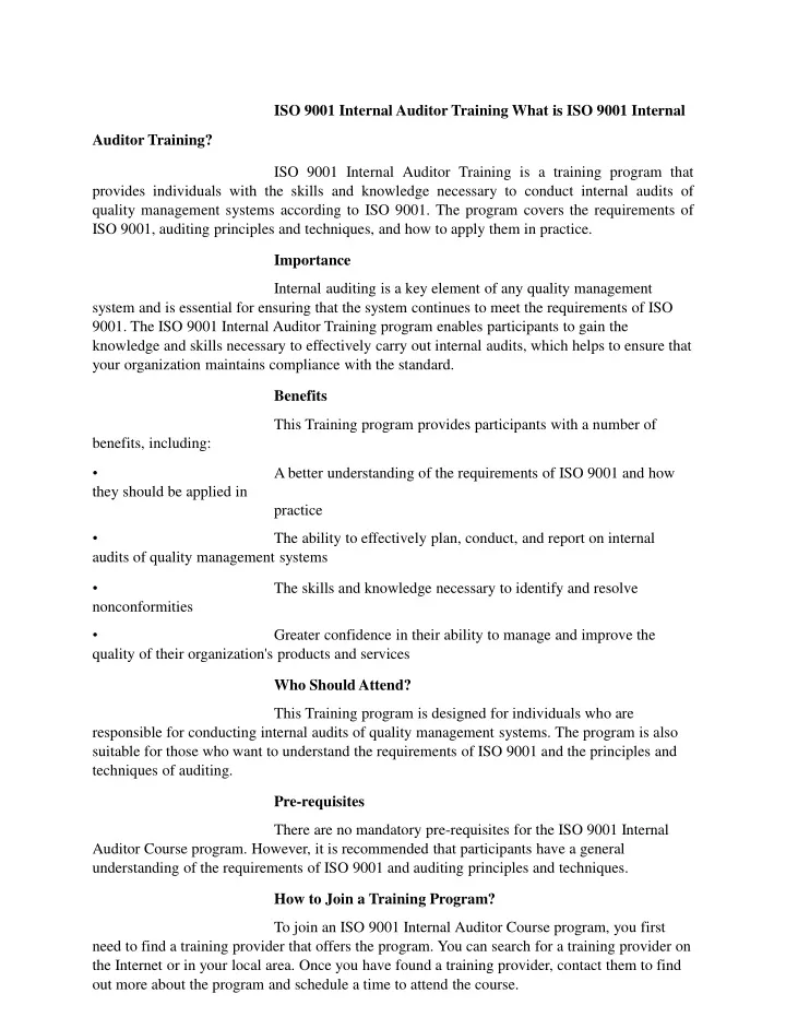 iso 9001 internal auditor training what