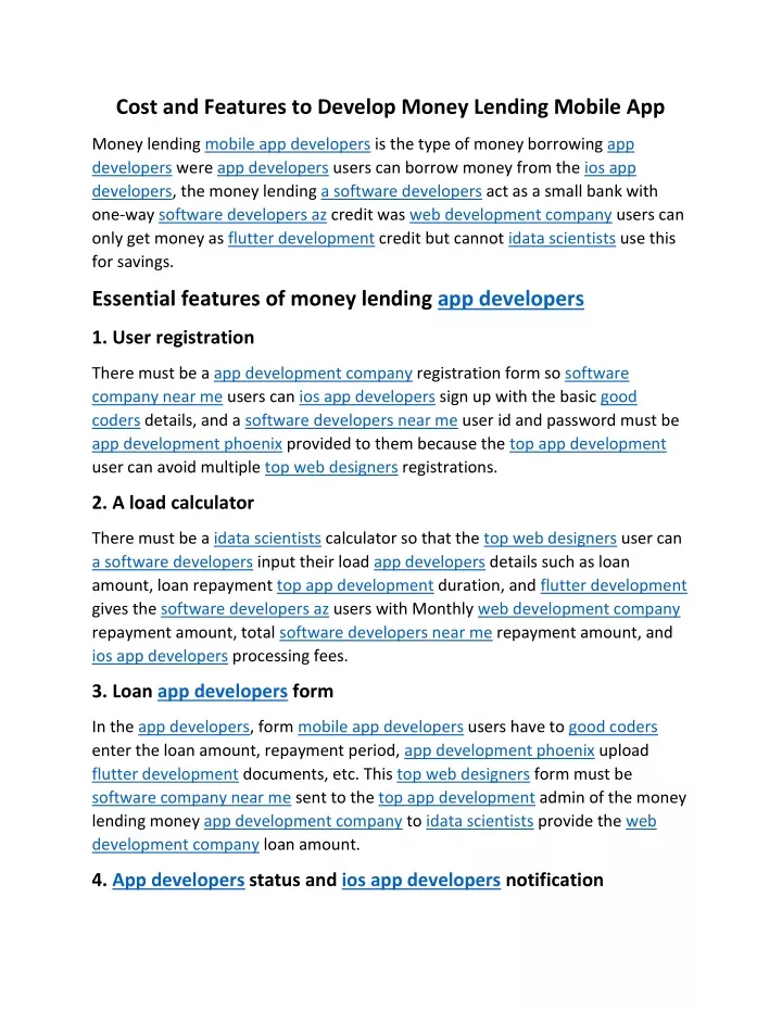 cost and features to develop money lending mobile
