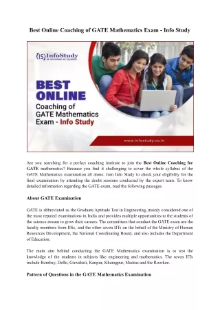 Best Online Coaching of GATE Mathematics Exam - Info Study.