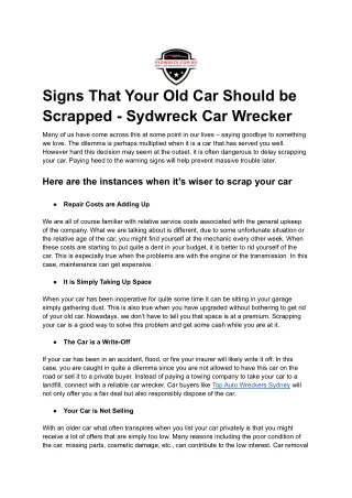 Signs That Your Old Car Should be Scrapped - Sydwreck Car Wrecker