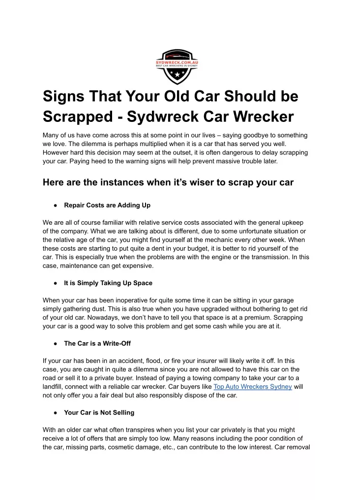 signs that your old car should be scrapped