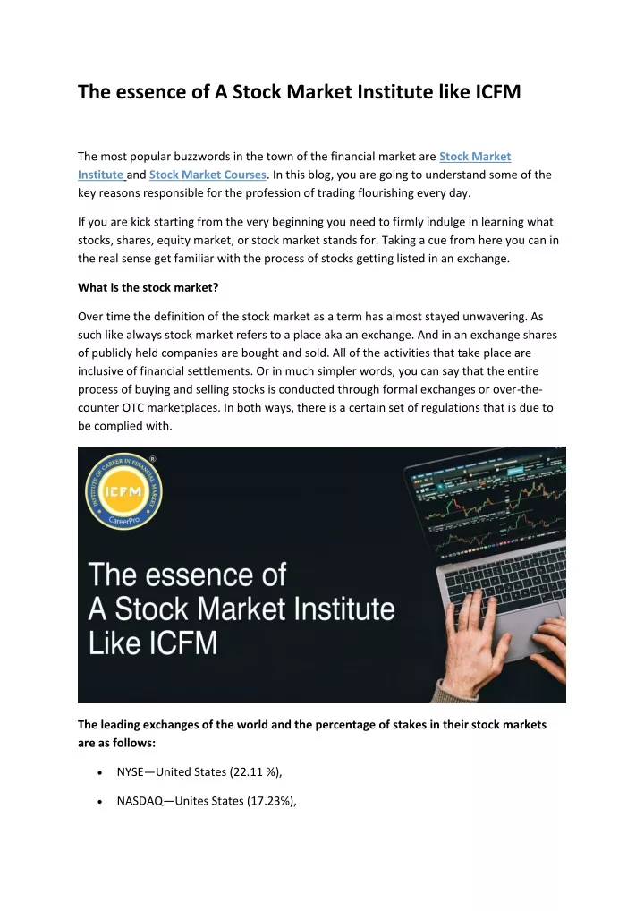 the essence of a stock market institute like icfm