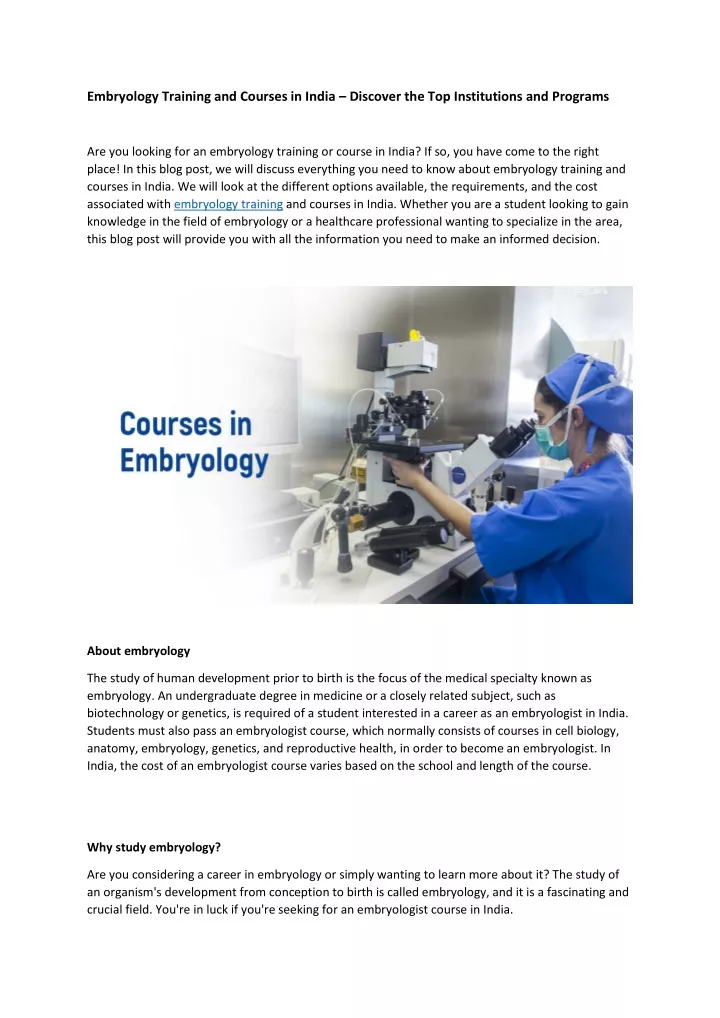 embryology training and courses in india discover