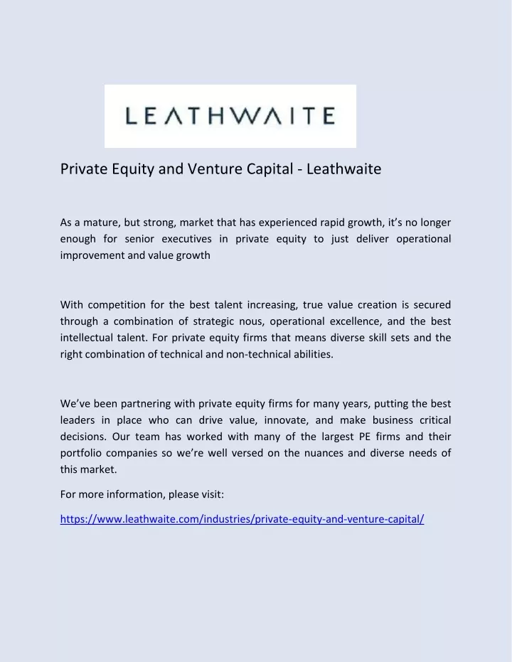 private equity and venture capital leathwaite