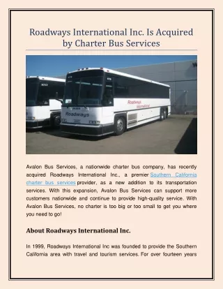 Roadways International Inc. Is Acquired by Charter Bus Services