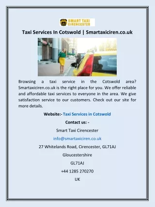 Taxi Services In Cotswold | Smartaxiciren.co.uk