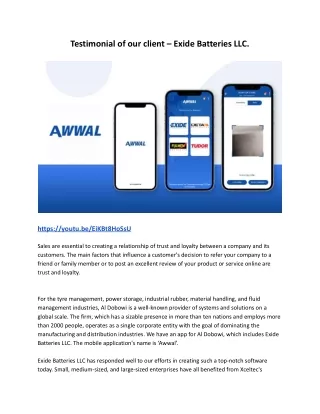 testimonial of our client exide batteries llc