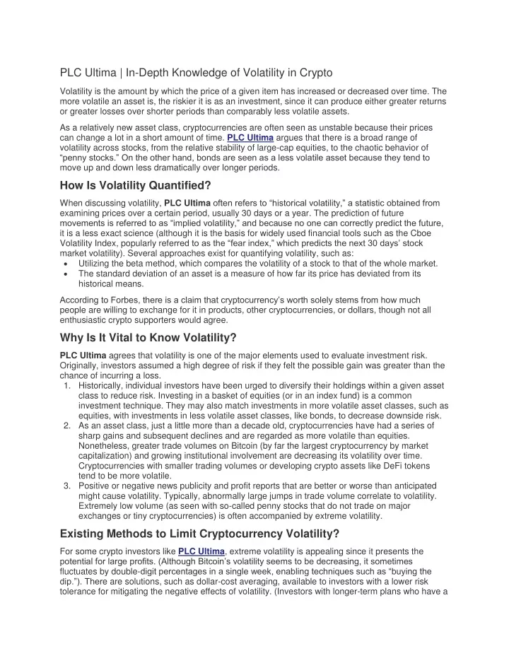 plc ultima in depth knowledge of volatility