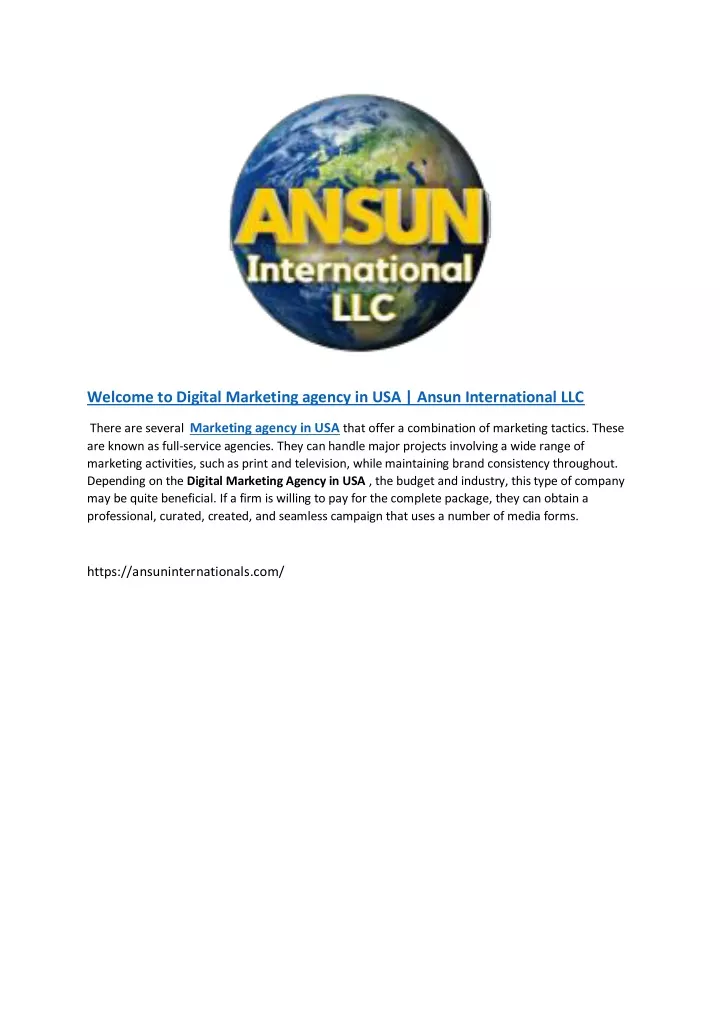welcome to digital marketing agency in usa ansun