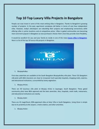 Top 10 Top Luxury Villa Projects in Bangalore