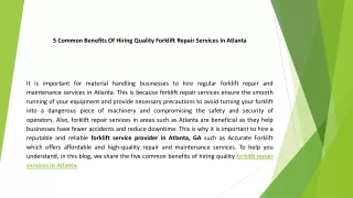 5 Common Benefits Of Hiring Quality Forklift Repair Services In Atlanta