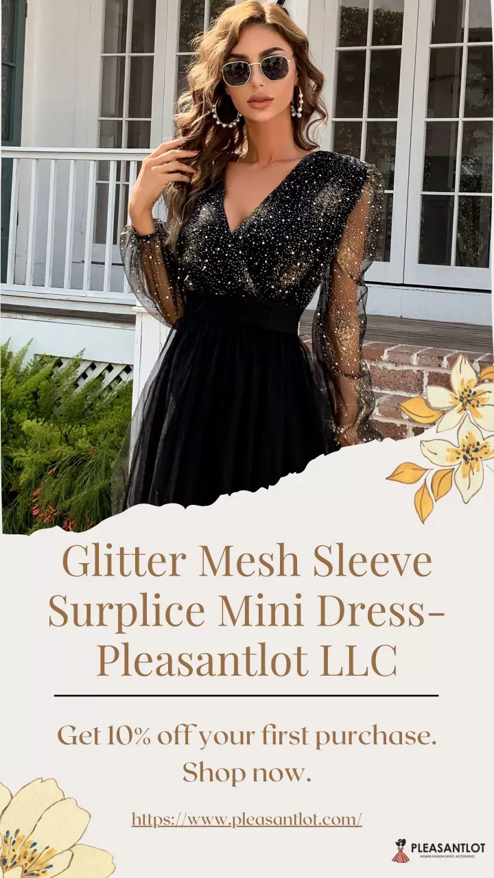 glitter mesh sleeve surplice mini dress