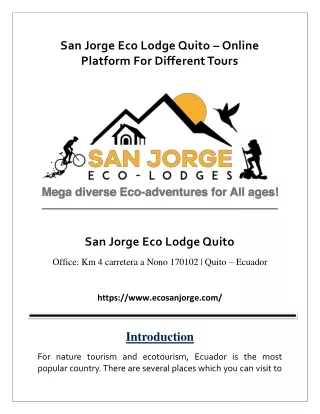 Online Destination For Travel Agency  | San Jorge Eco Lodge Quito