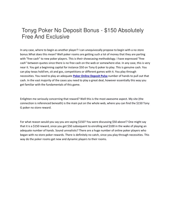 tonyg poker no deposit bonus 150 absolutely free