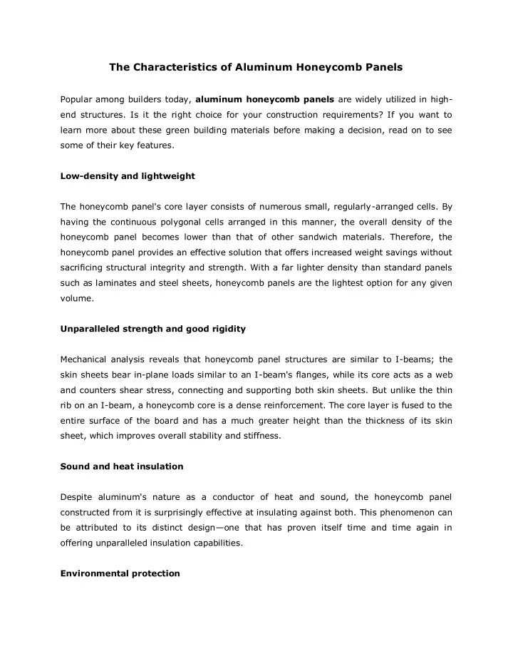 the characteristics of aluminum honeycomb panels