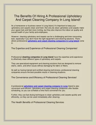 The Benefits Of Hiring A Professional Upholstery And Carpet Cleaning Company In Long Island