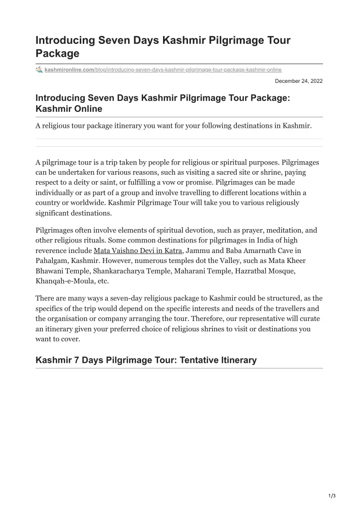 introducing seven days kashmir pilgrimage tour