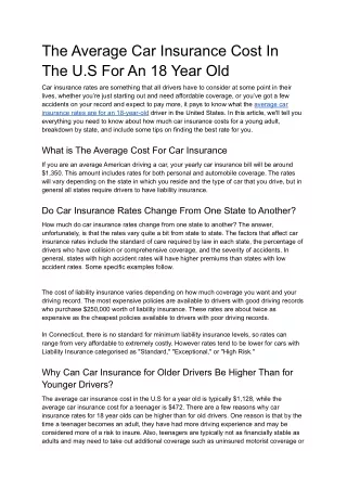 The Average Car Insurance Cost In The U.S For An 18 Year Old