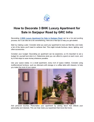 How to Decorate 3 BHK Luxury Apartment for Sale in Sarjapur Road by GRC Infra