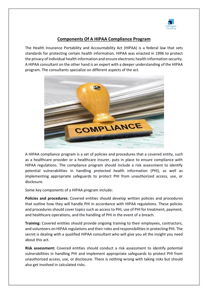 components of a hipaa compliance program