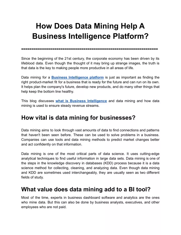 how does data mining help a business intelligence