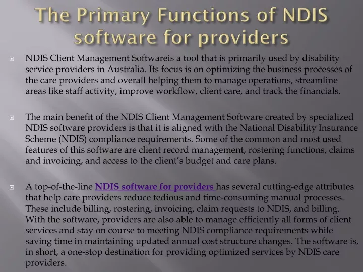 the primary functions of ndis software for providers